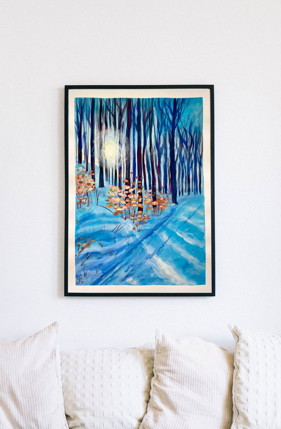 Original Gouache Painting, Snowy Forest Wall Art, Winter Trees Artwork, Rustic Home Decor