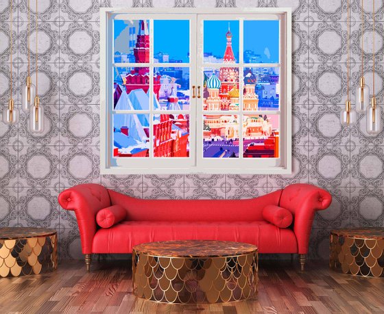 Window on Red Square Moscow Kremlin Russia, red colorful impressionistic landscape art. Large wall art home decor. Art Gift