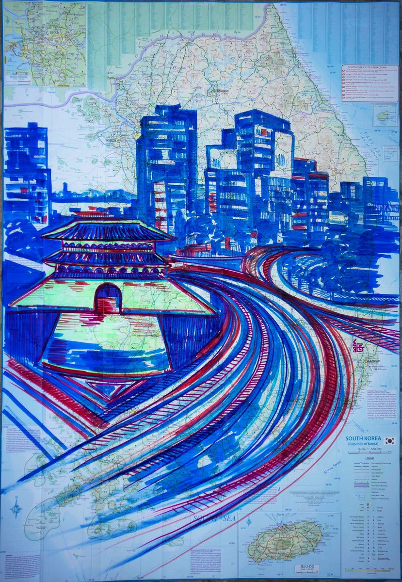 Illustrative Cityscapes Drawing By Kateryna Bortsova, 27 X 39", Seoul, Original Artwork