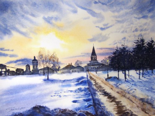 Winter landscape watercolor original painting by Elena Gaivoronskaia