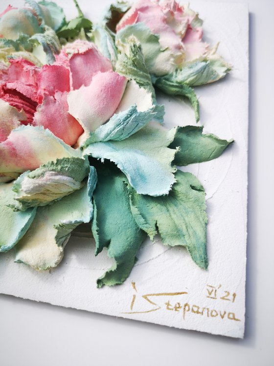 Peonies garden - 3d relief painting -Love is beautiful flowers - 2, 20x20x4 cm