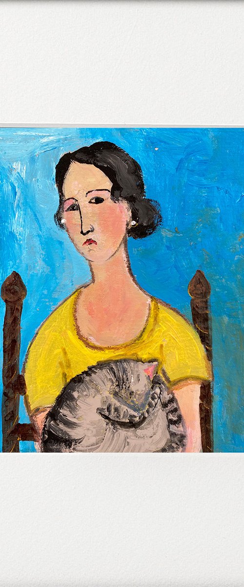 Woman Yellow Dress Tabby Cat by Teresa Tanner