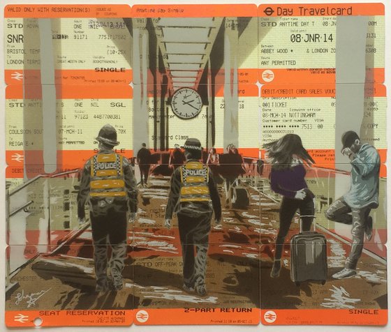 "A Close Call" - Spray paint on orange British Rail / train tickets in romantic graffiti pop art style. Police Scene.