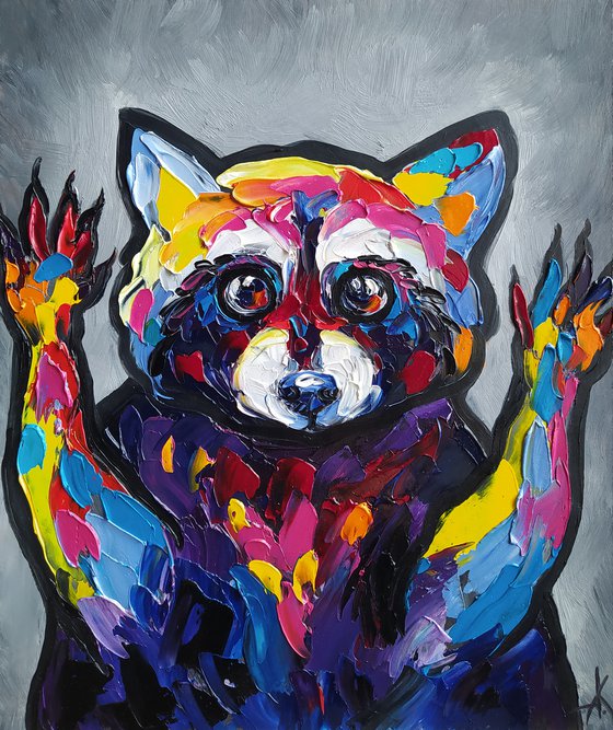 Raccoon - animal, funny animals, raccoon portrait, paws, raccoon paws, animals oil painting, for kids, for children, for child, gift idea