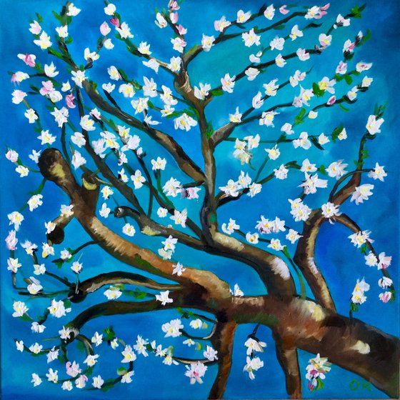 Almond blossom on turquoise inspired by Vincent Van Gogh oil painting ready to hang