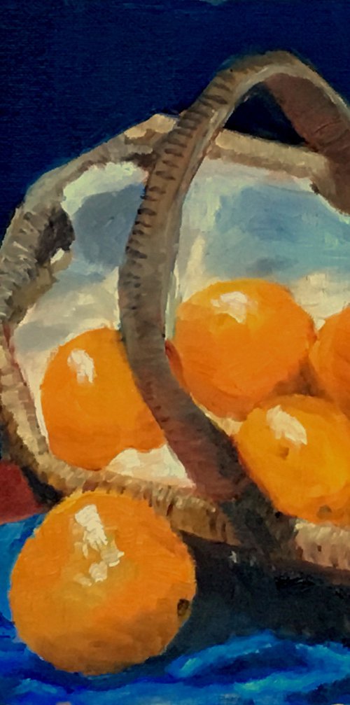 Basket of oranges, an original still life oil painting by Julian Lovegrove Art