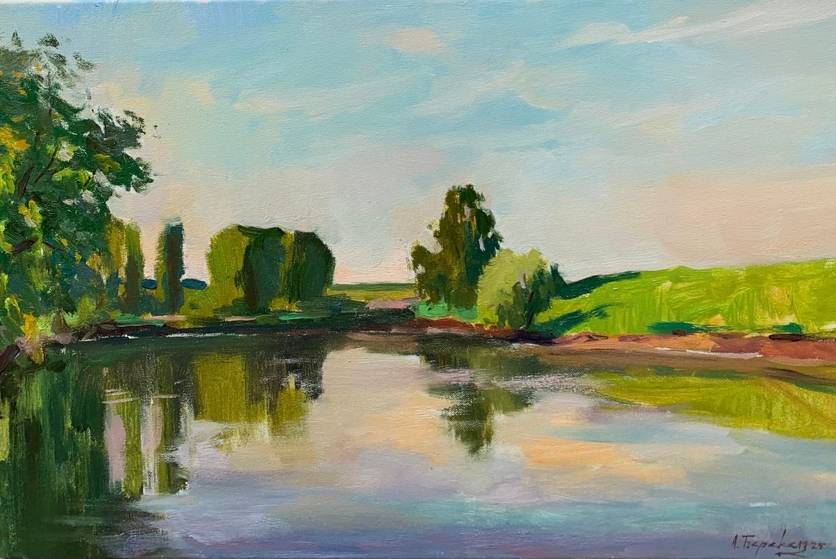 Impressionistic Landscape Oil Painting By Andriy Berekelia, 24 X 16, Evening Reflections, Original Artwork