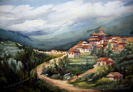 Beauty of Himalaya Village-Watercolor on Paper Painting