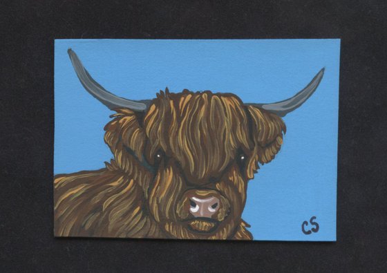 ACEO ATC Original Painting Highland Long Horn Cow Farmyard Art-Carla Smale