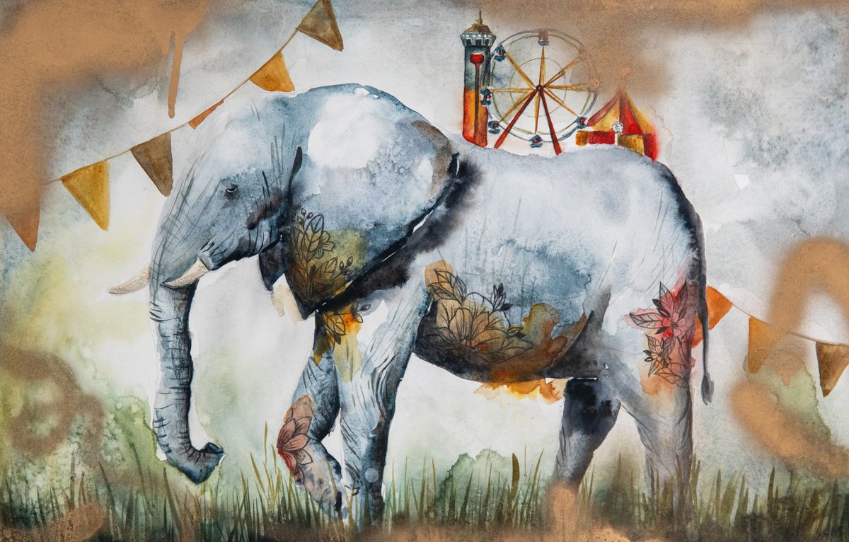 Surrealistic Animal Watercolour By Evgenia Smirnova, 22 X 15, The Journey Of An Elephant, Original Artwork