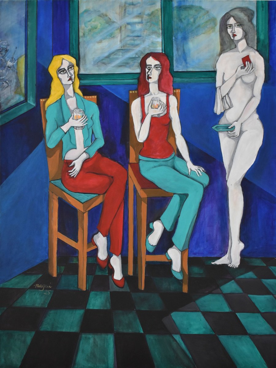 Expressive Portrait Acrylic Painting By Nagui, 36 X 48", The Situation, Original Artwork