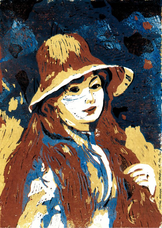 Girl with straw hat - Linoprint inspired by Renoir