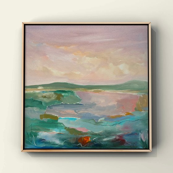 Sunset by the lake — contemporary landscape with optimistic and positive energy on stretched canvas
