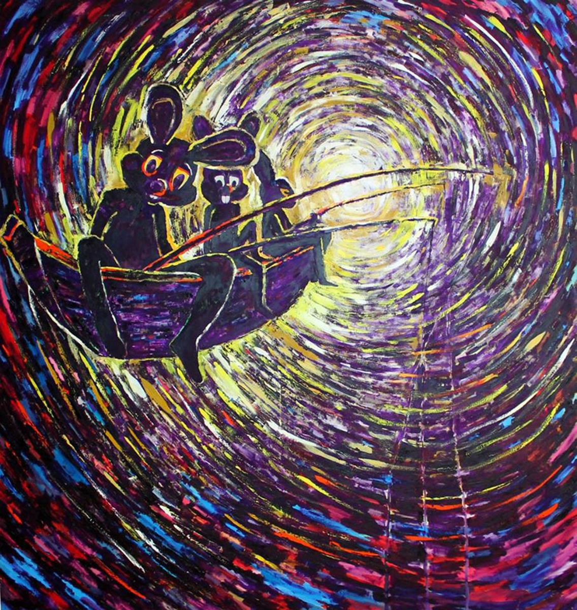 Surrealistic Animal Oil Painting By Dominic Virtosu, 63 X 67, Three Rabbits, Original Artwork