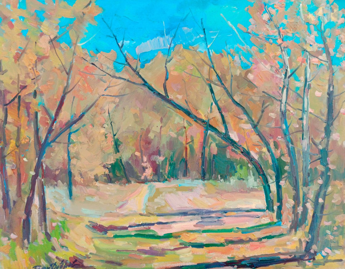 Impressionistic Landscape Oil Painting By Peter Tovpev, 28 X 22", Autumn Alley, Original Artwork