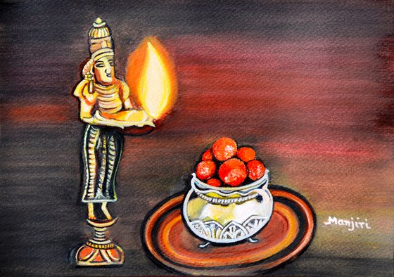 Diwali Festival art Gulab Jamun sweet and oil lamp