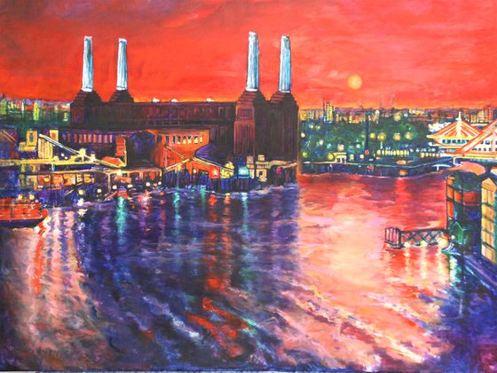 Red sunset behind Battersea Power Station large painting