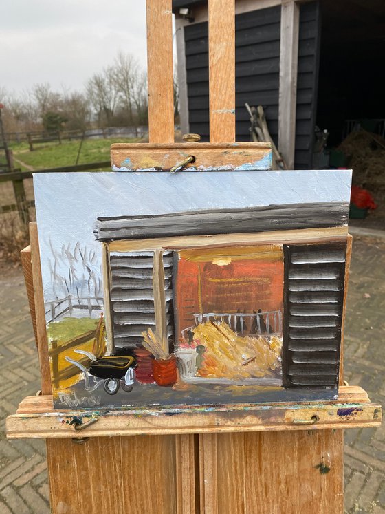 Donkeys in the barn. Plein Air