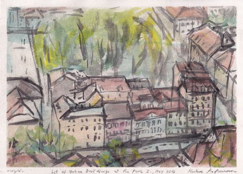 Set of Urban Buildings at the Park I, May 2016, acrylic on paper, 29,6 x 21,2 cm by Alenka Koderman