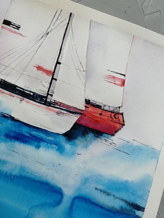 Sailboat painting. Seascape