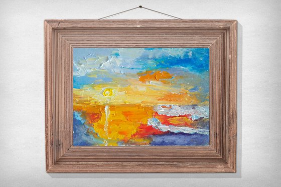 Abstract Seascape Original Art Sunset Oil Painting Coastal Artwork Small Wall Art