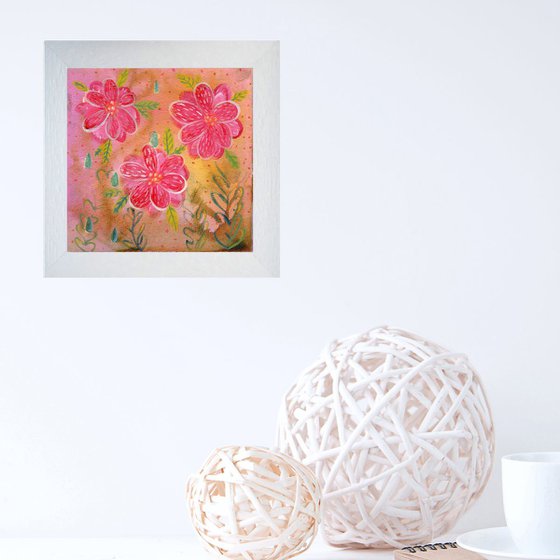Abstract Garden 8 - Contemporary Abstract Painting with Mexican Embroidery Flowers