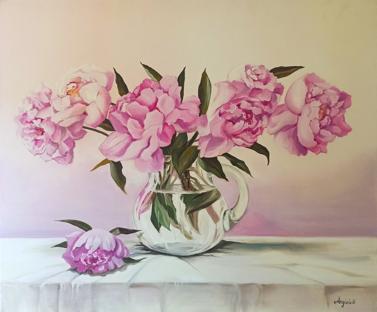 Photorealistic Botanical Oil Painting By Anna Rita Angiolelli, 24 X 20, Peonie Rosa, Original Artwork