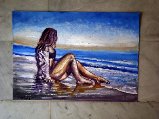 SEASIDE GIRL - THE HOPE - Thick oil painting - 42x29.5cm