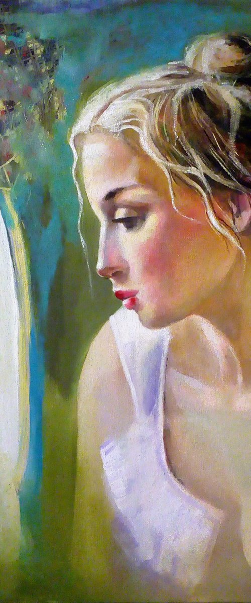 " My Secret Window " - 40 x 50cm Oil on canvas The Lady from the secret window by Reneta Isin