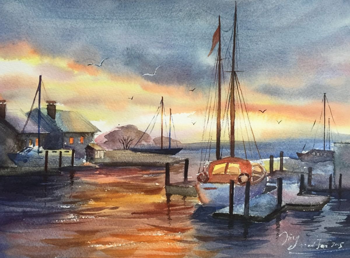 Impressionistic Landscape Watercolour By Jing Chen, 15 X 11, Sunset At The Dock, Original Artwork