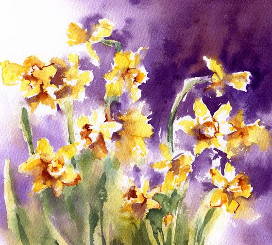 "Flowering garden in a basket" - spring flowers daffodils on a contrasting background bright watercolor original artwork