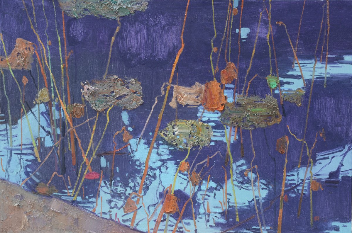 Impressionistic Landscape Oil Painting By Jianzhe Chon, 35 X 24, Waterlilies In Pond 187, Original Artwork