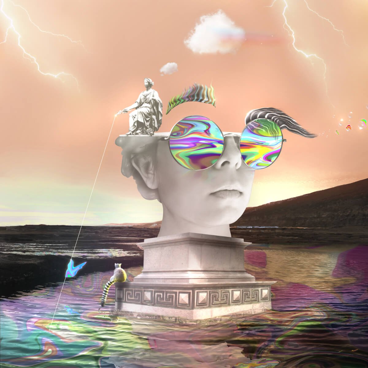 Surrealistic Landscape Print By Vanessa T Stefanova, 24 X 24", Hippy Bust, Original Artwork