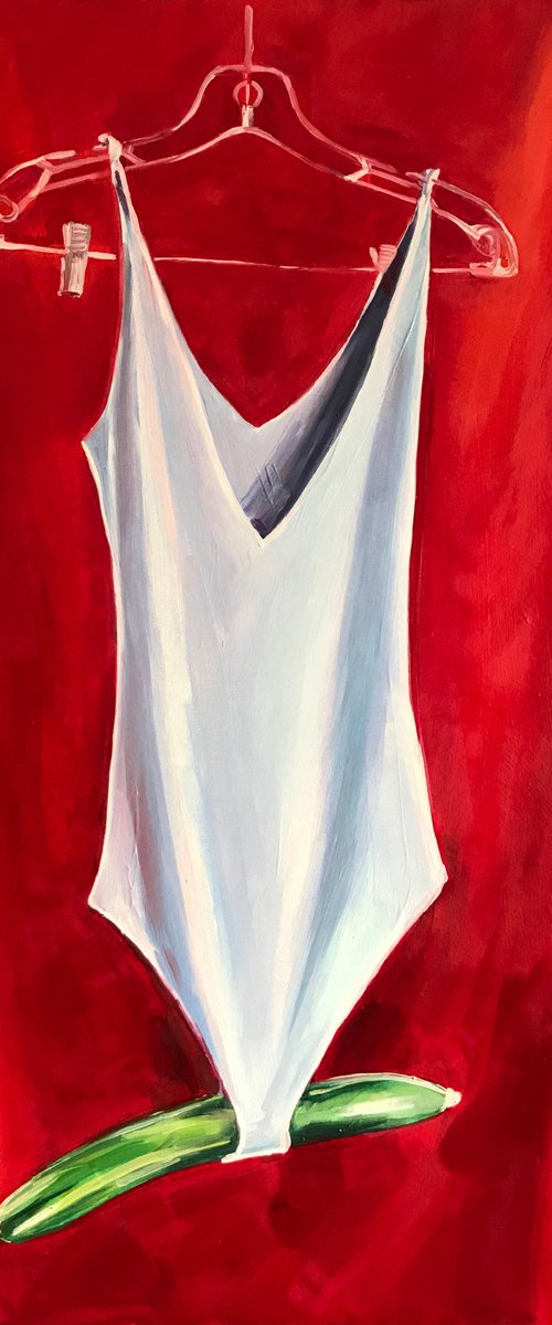 GET DRESSED - oil painting on canvas original gift feminism red silver body green cucumber original gift home decor pop art office interior by Sasha Robinson