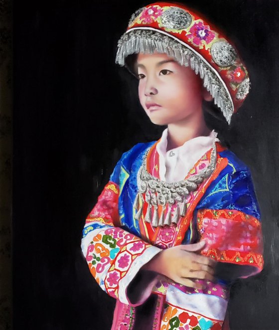 Chinese Miao Girl Original Portrait Painting