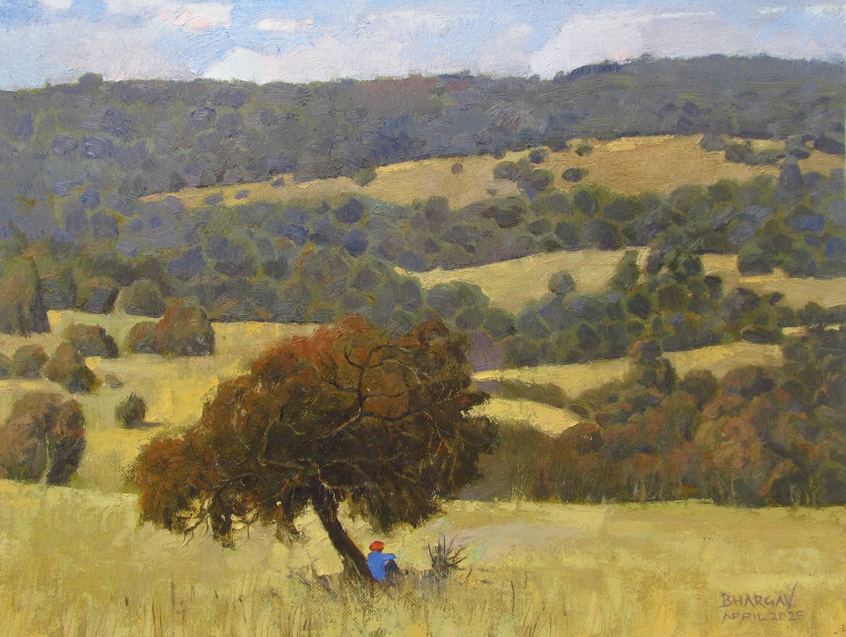 Impressionistic Landscape Oil Painting By Bhargavkumar Kulkarni, 15 X 12, Whispers Of The Hills, Original Artwork