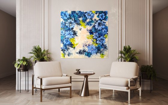 "Ultramarine Floral Harmony", XXL abstract flower painting