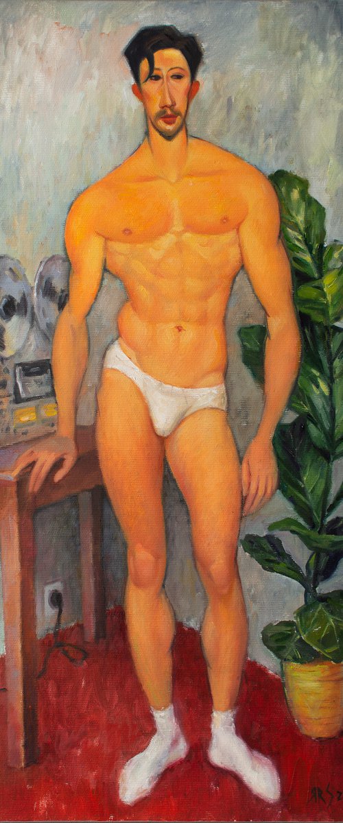 RETRO BOY by Yaroslav Sobol - (Inspired by Amedeo Modigliani Modern Impressionistic Figurative Oil painting of a Man Gift Home Decor) by Yaroslav Sobol