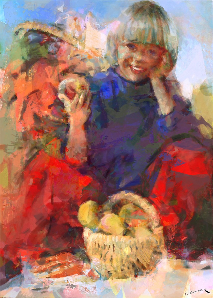 Impressionistic Portrait Oil Painting By Eugene Segal, 20 X 28, Boy With Apples, Original Artwork