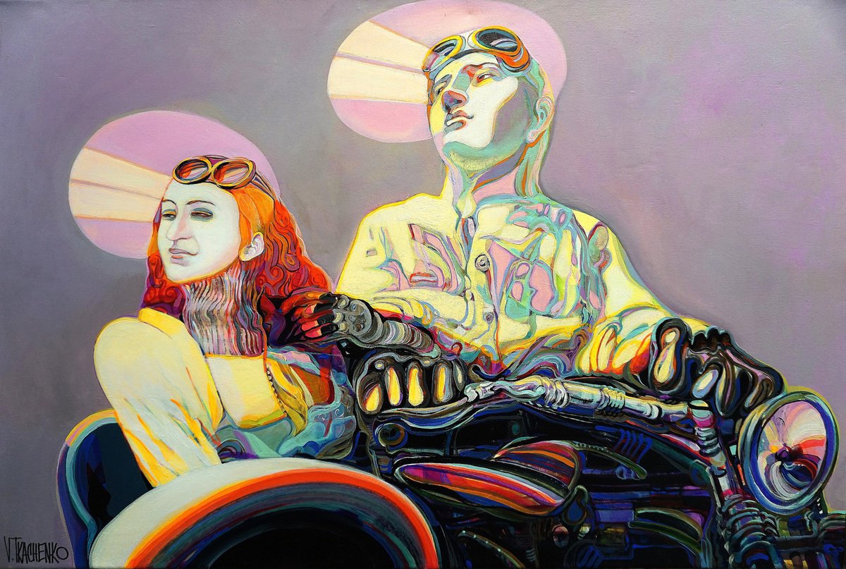 Organic Portrait Acrylic Painting By Victor Tkachenko, 36 X 24", Sunset Riders, Original Artwork