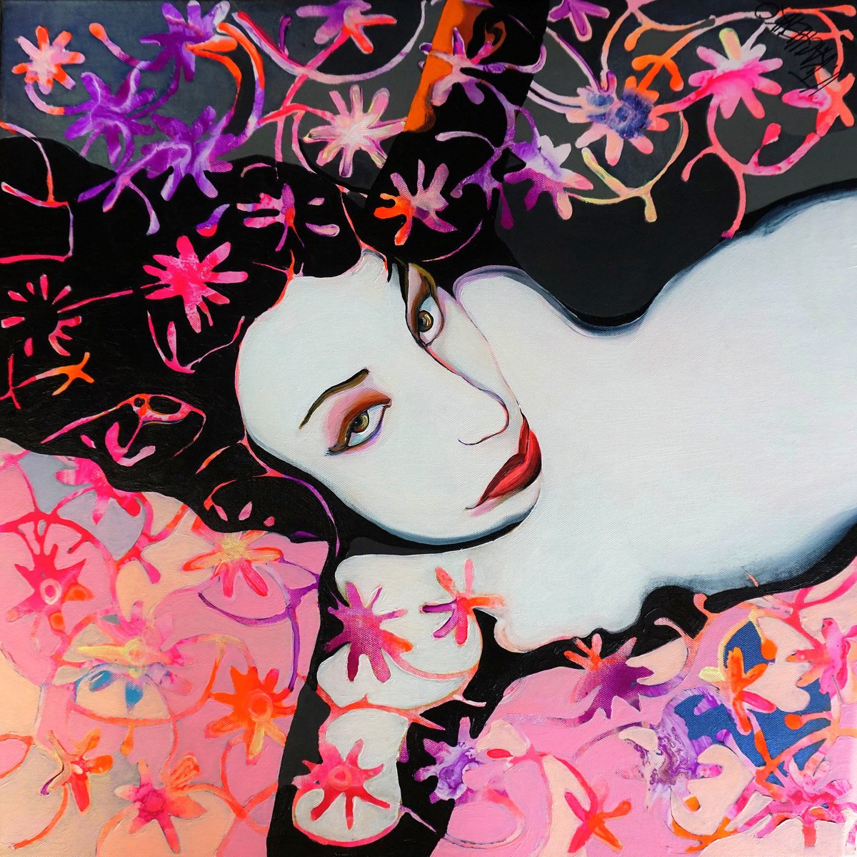 Organic Portrait Acrylic Painting By Victor Tkachenko, 24 X 24", Fireworks. Delivered., Original Artwork