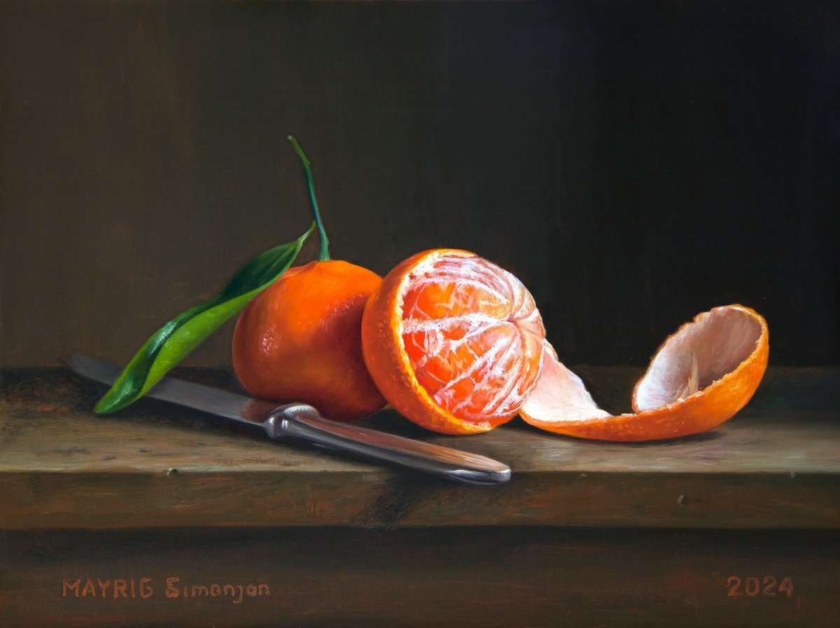 Photorealistic Still Life Oil Painting By Mayrig Simonjan, 13 X 9", Peeled Tangerine, Original Artwork