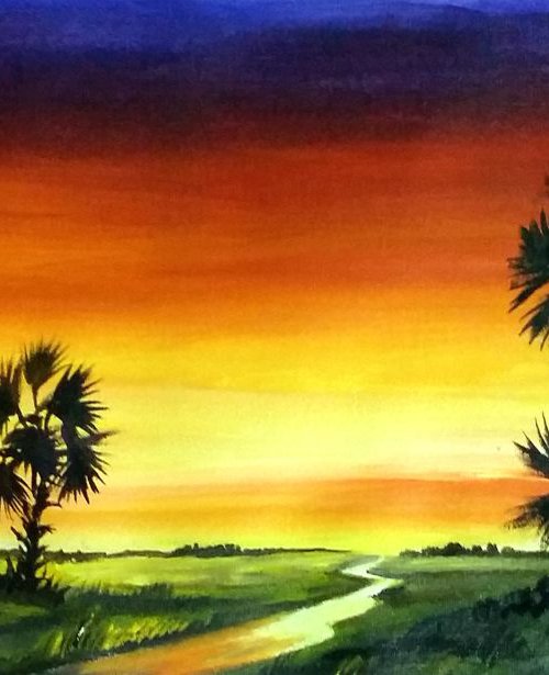 Sunset Village with Palm Trees - Acrylic on Canvas Painting by Samiran Sarkar