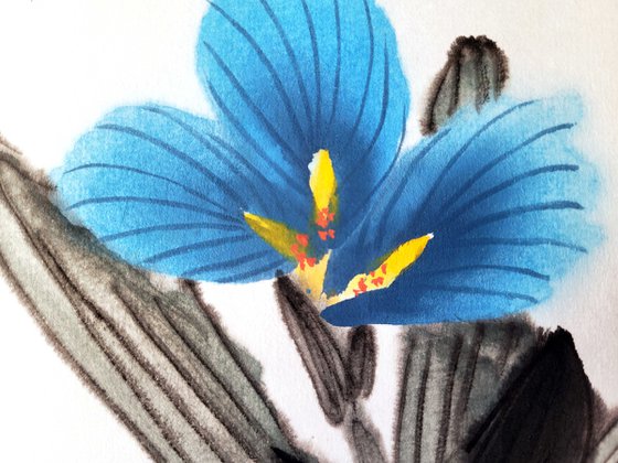 Blue irises and dancing bees - Oriental Chinese Ink Painting