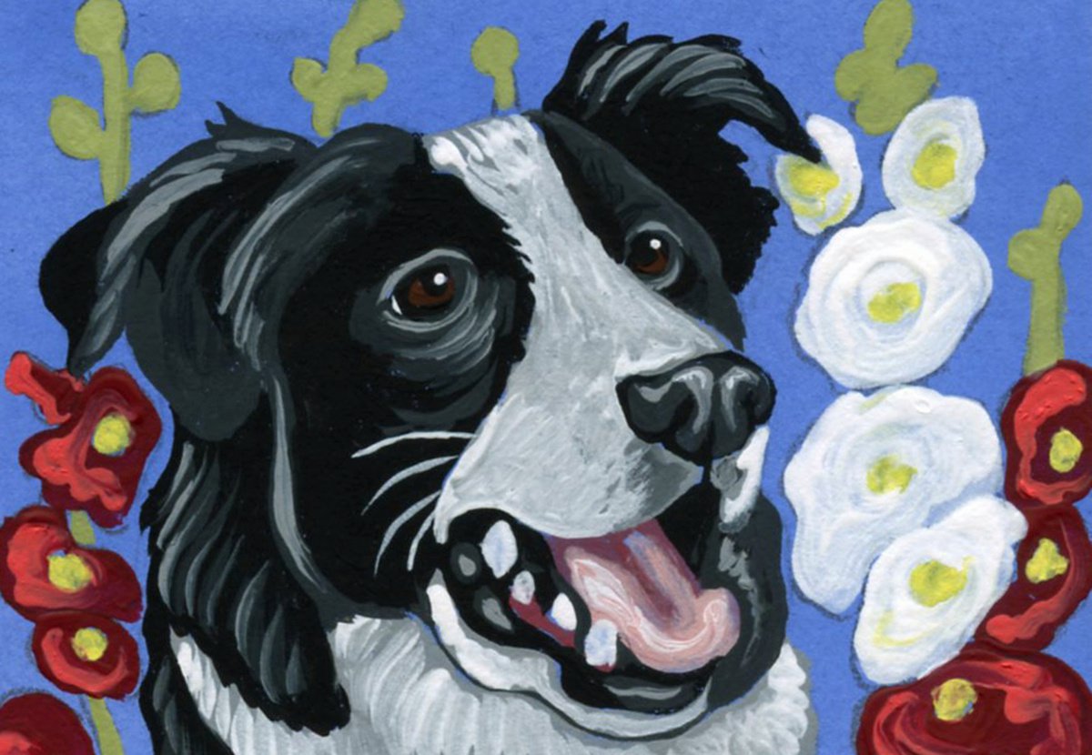 ACEO ATC Original Miniature Painting Black Border Hollyhocks Collie Pet Dog Art-Carla Smal... by carla smale
