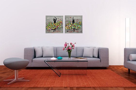 Ballerinas - Framed Abstract Acrylic Painting - Canvas Art-  Gray- Wall Art