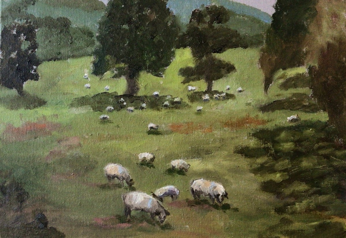 Impressionistic Landscape Oil Painting By Julian Lovegrove Art, 14 X 10", Sheep In A Landscape, Original Artwork