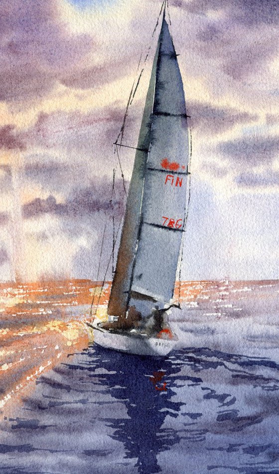Yacht trip. Sunset at sea. Original artwork.