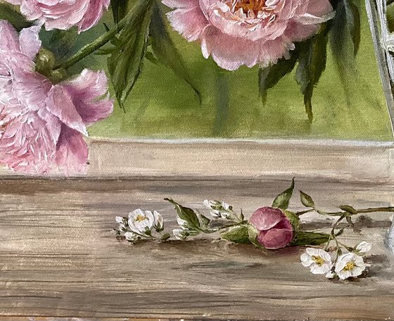 "PIONIES IN THE VASE'' oil painting on canvas.