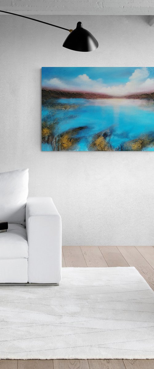 A XL large original semi-abstract beautiful structured mixed media painting of a seascape "Dream" by Vera Hoi